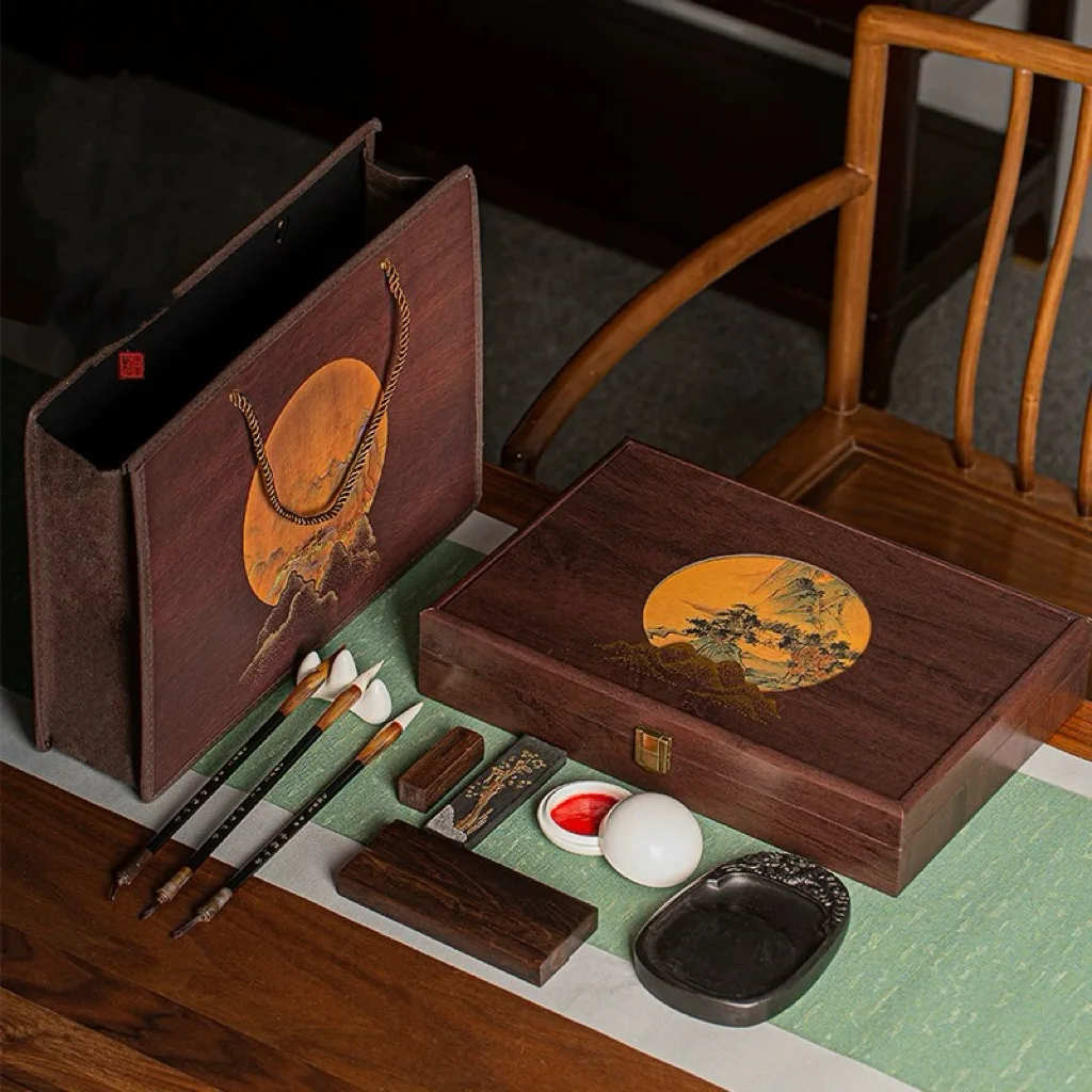 Complete Chinese Calligraphy Set in Wooden Gift Box with 3 Mixed Hair Brushes, Ink Stick, Inkstone, Seal, Ink Paste, Brush Rest