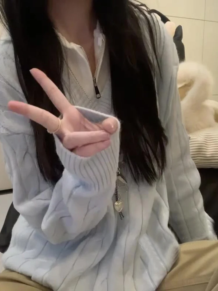 Korean Sle Blue Patchwork Zipper  Ne Knitted Sweater Women's Loose Lazy Autumn Winter High End Feeling Top