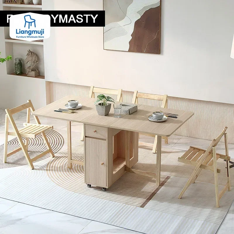 

Раскладной обеденный стол с откидными столешницами, 2 ящиками и 4 колесами для гостиной, кухни, загородного дома, компактный стол для экономии пространства