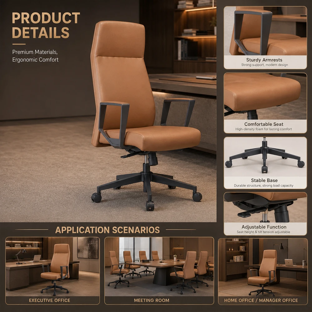 Ergonomic Executive Manager Office Chair High Back PU Leather Swivel Computer Chair With Fixed Armrests Wholesale