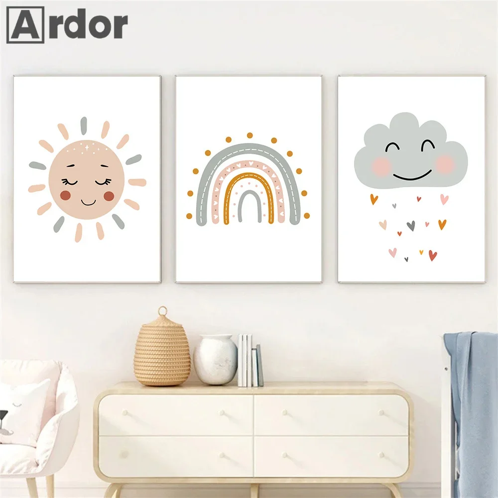 Rainbow Cloud Sun ABC Alphabet Number Posters Cartoon Canvas Painting Nordic Wall Art Prints Pictures Baby Kids Room Home Decor