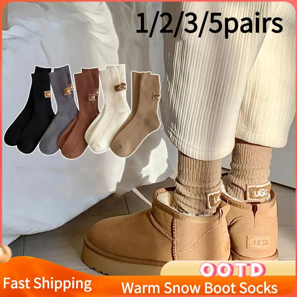 1/2/3/5Pairs Winter Socks Middle Tube Socks Knitted Keep Warm Snow Boot Socks Trendy Heel Furry Label Solid Color Snow Boot Sock