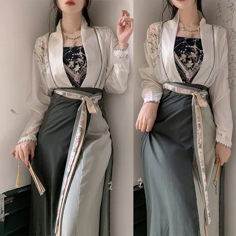 Hanfu new Chinese style hanfu suit 3PCs Cami & Cardigan & skirt women elegant costumes sexy parallel style qipao autumn new dres