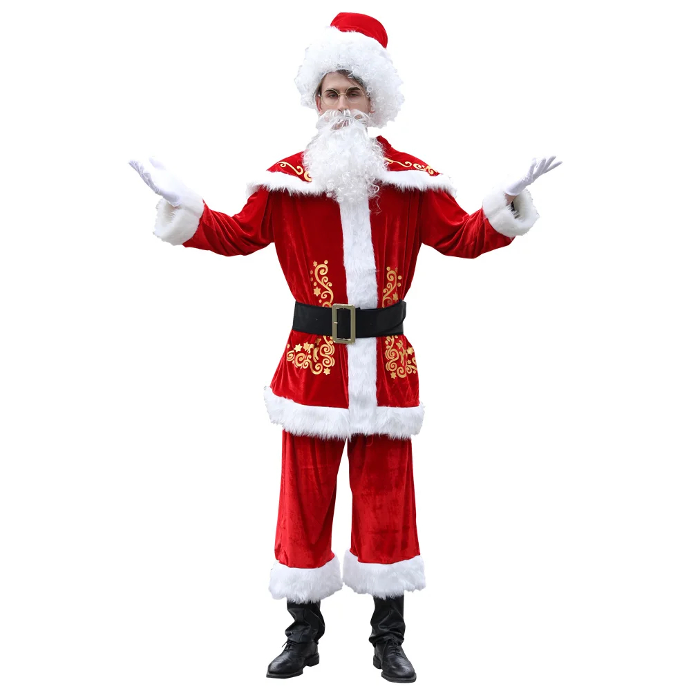 

Red Deluxe Velvet Fancy 11pcs Set Xmas Party, Couple Christmas Santa Claus Cosplay Costume