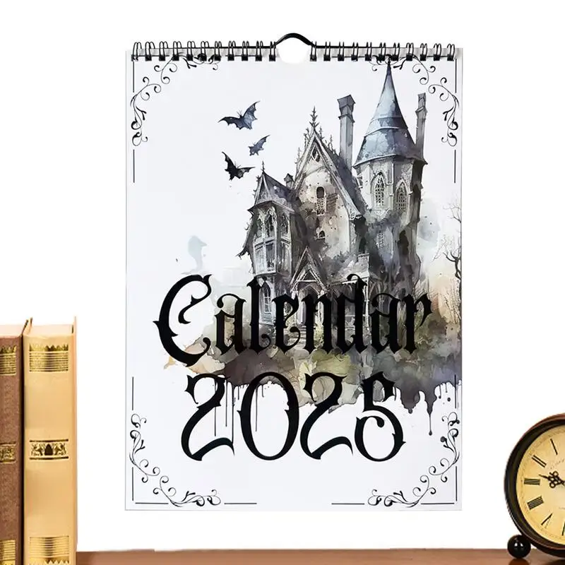 Gothic Wall Calendar, Secretária Mensal, Castelo Horror, Decorações do Dia das Bruxas, 11x9 polegadas, 2025