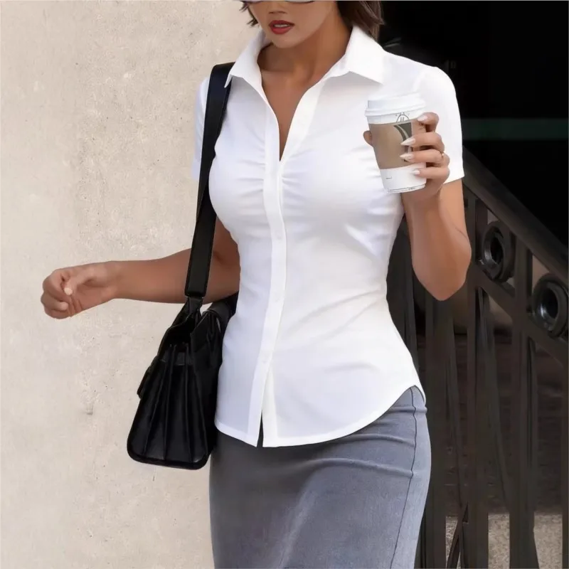 

Sexy Slim Tight White Shirt 2026 Summer Women Fashion Short-sleeved Cropped Blouse Tees Top Hot Girl Versatile Clothing