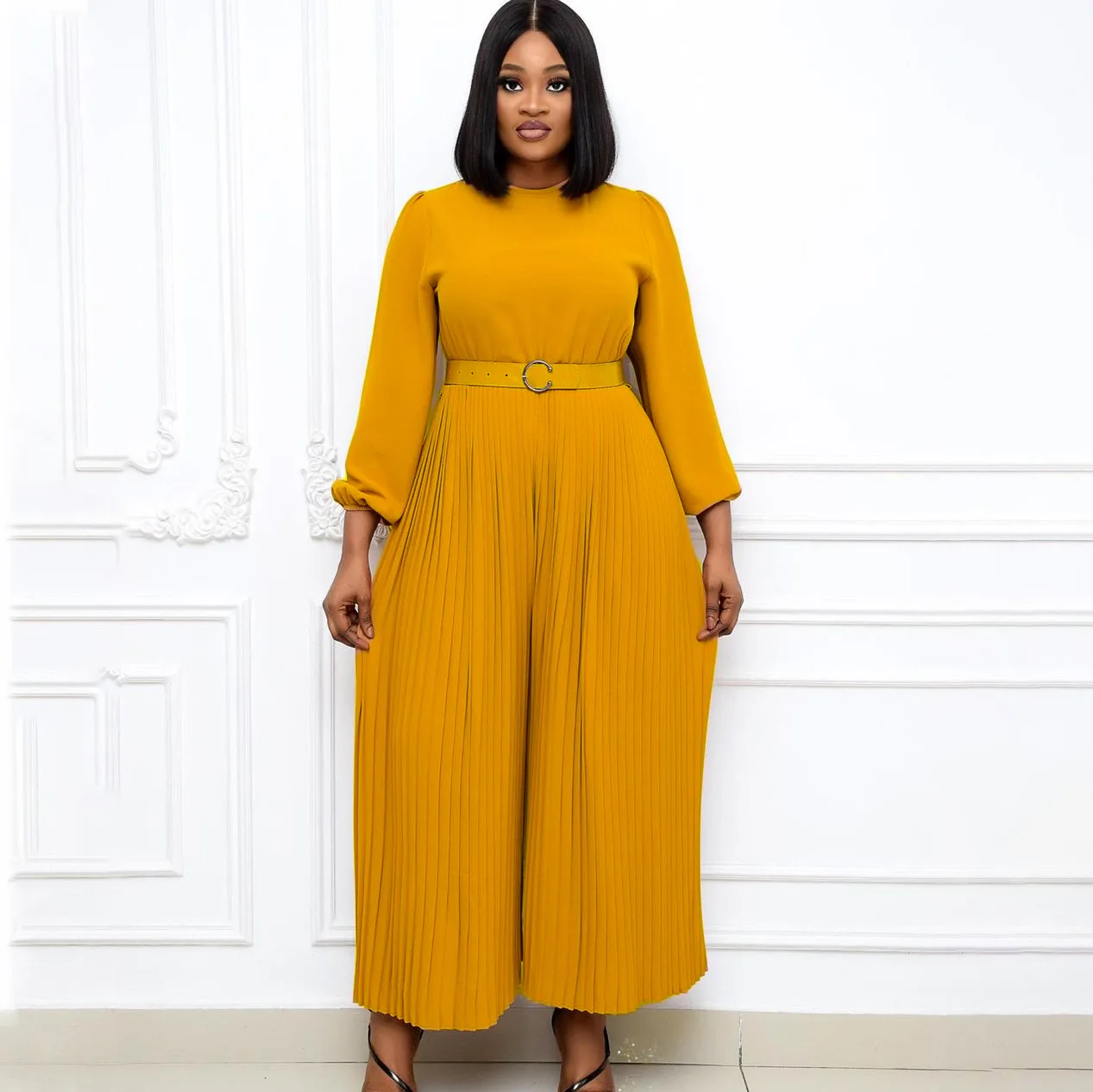 2024 new solid color round neck long sleeve pleated large size women's loose slimming fashion jumpsuit