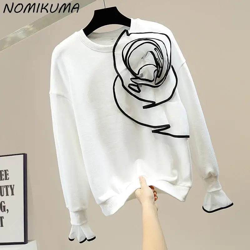 Nomikuma Korean 3D Flower O-neck Pullover Sweatshirt Causal Long Sleeve Women Jumper 2023 Spring New Fashion Hoodies Top