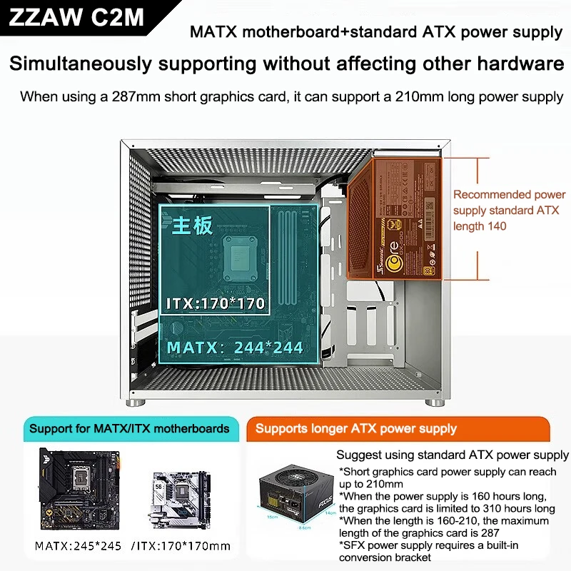 Imagem -05 - Zzaw-todo Alumínio Matx Atx Fonte de Alimentação Refrigerado a Água Tipo-c Interface Montagem de Jogos Host de Computador Desktop Chassis Case 240 Chassis C2m