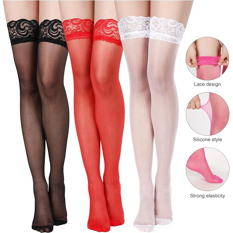 Women Silicone Anti-slip Sexy Stockings Summer Thin Lace Thights High Stocking Over The Knee Long Solid Socks Nightclub Hold-ups