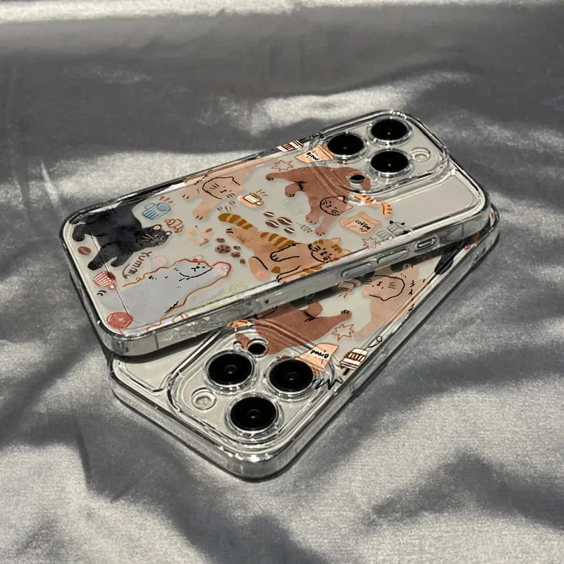Cute Cartoon Cat Phone Case For iPhone 17 16 15 11 12 14 13 Pro Max Mini X XS XR 7 Plus 17E Shockproof Transparent Cover Fundas