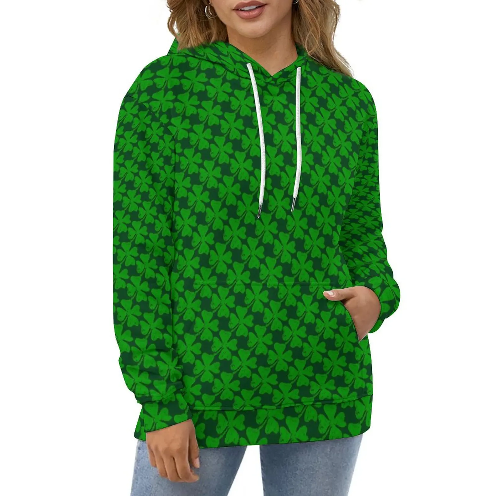 Shamrock Print Casual Hoodies 4 Leaf Clovers Y2k Design Loose Hoodie Spring Long-Sleeve Hip Hop Oversized Hooded Sweatshirts