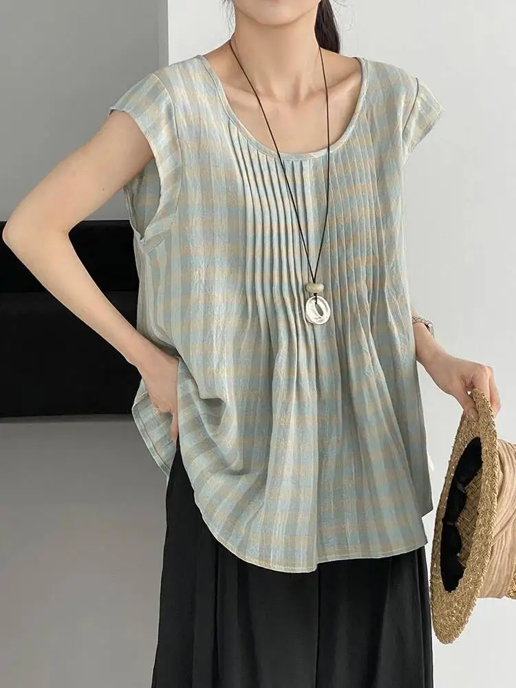 Women Blue Plaid Linen Pleated Tank Tops New Round Neck Sleeveless Personality Fashion Tide Spring Summer