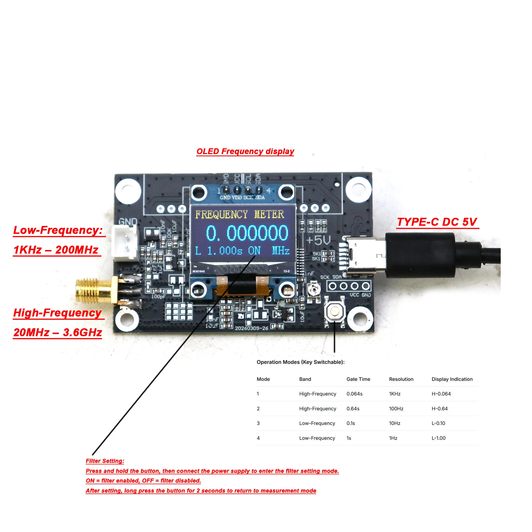 1KHZ-200Mhz-3.6Ghz OLED Digital Frequency Meter Low High Frequency Measurement SMA RF Signal Frequency Counter Tester Cymometer