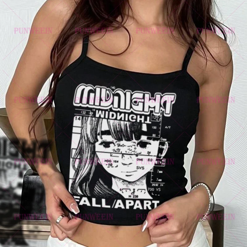 Anime Graphic Punk Women Short Sleeve Slim Crop top Vintage cartoon Graph Sexy vest Electronic Girl 90s Y2k Crop Top Streetwear