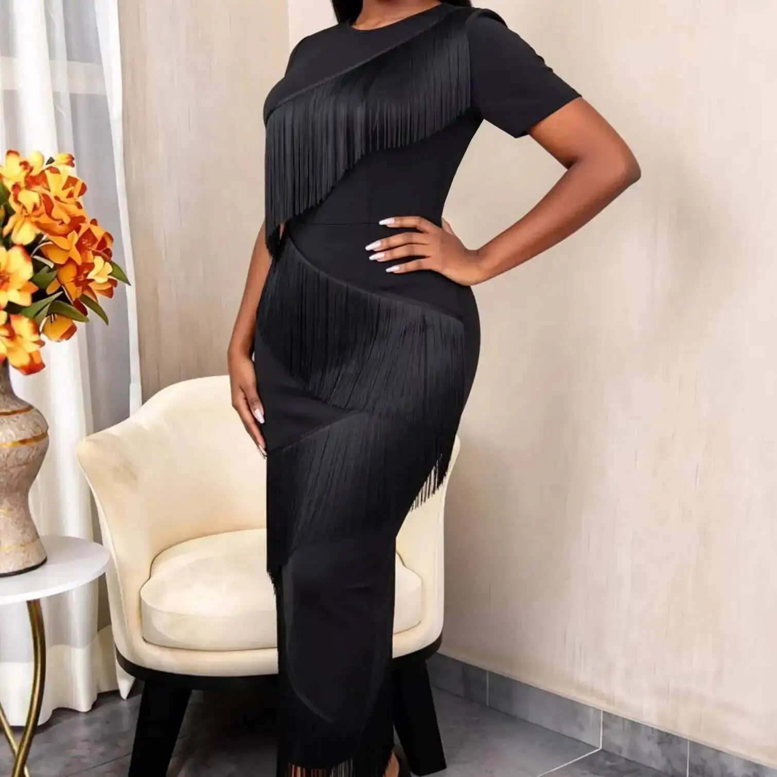 

Slim-fit Black Dress With A Stylish Design, Waist-cinching And Slimming, Irregular Fringed Church Gown Dress