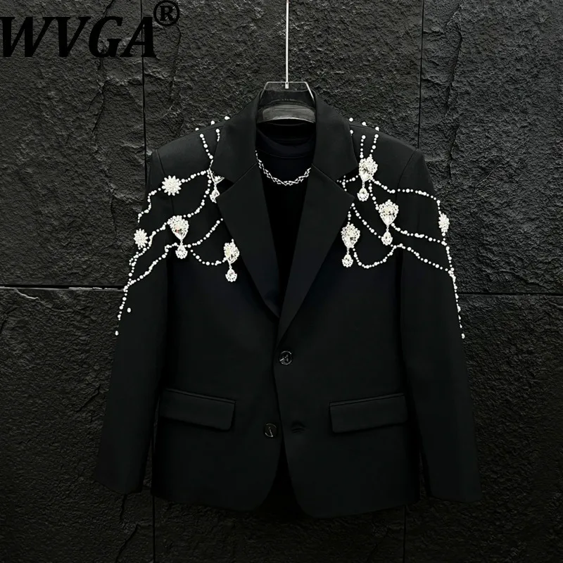 

WVGA Spring Autumn New Man High-end Diamond Trendy Pendant Turn-Down Collar Blazer Niche Chic Casual Korean Pearl Jackets W20306