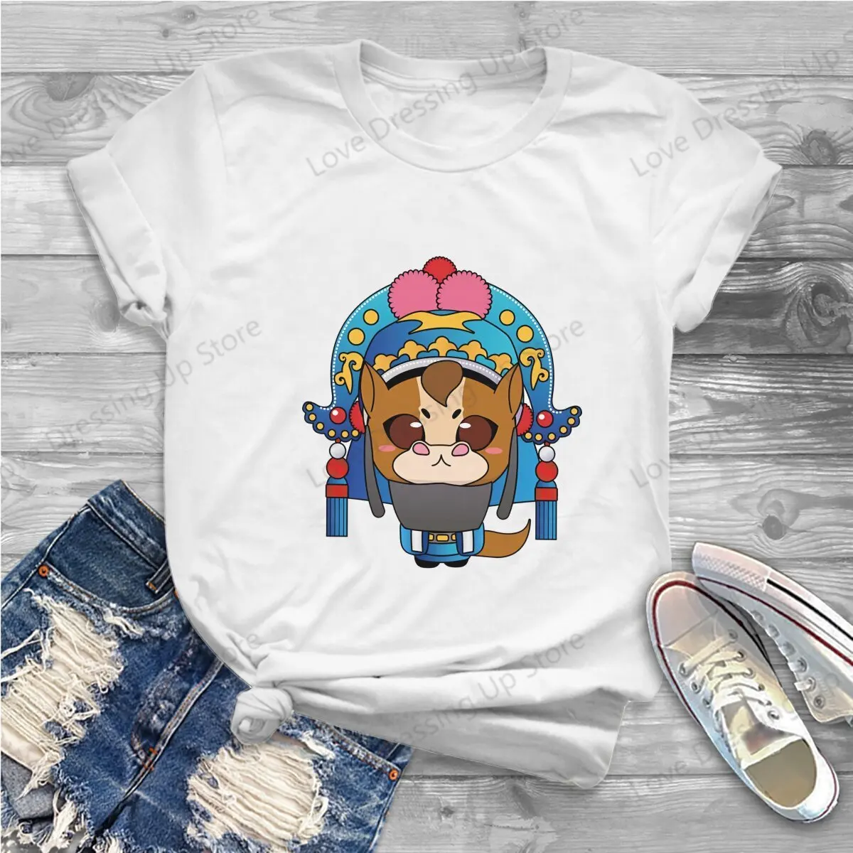 Chinese Zodiac Horse illustrated Chinese Beijing Opera Style Vintage O Neck TShirt Girl Tee Unique Summer Women's clothing