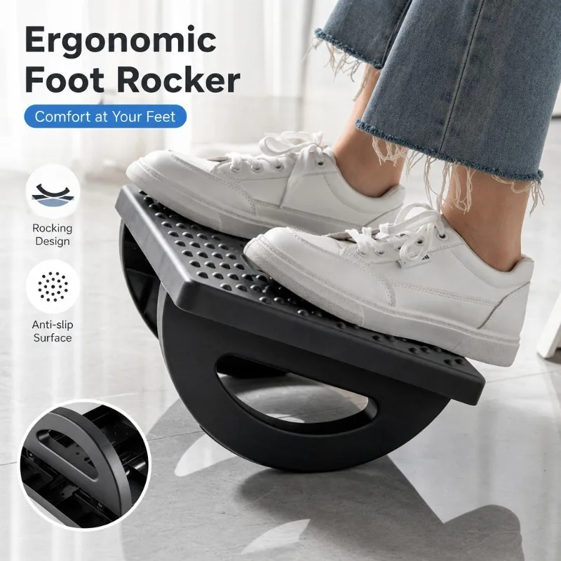 Ergonomic Under Desk Foot Rest Rocking Footstool with Massage Roller Portable Foot Support Stool for Office Home Work Relax 