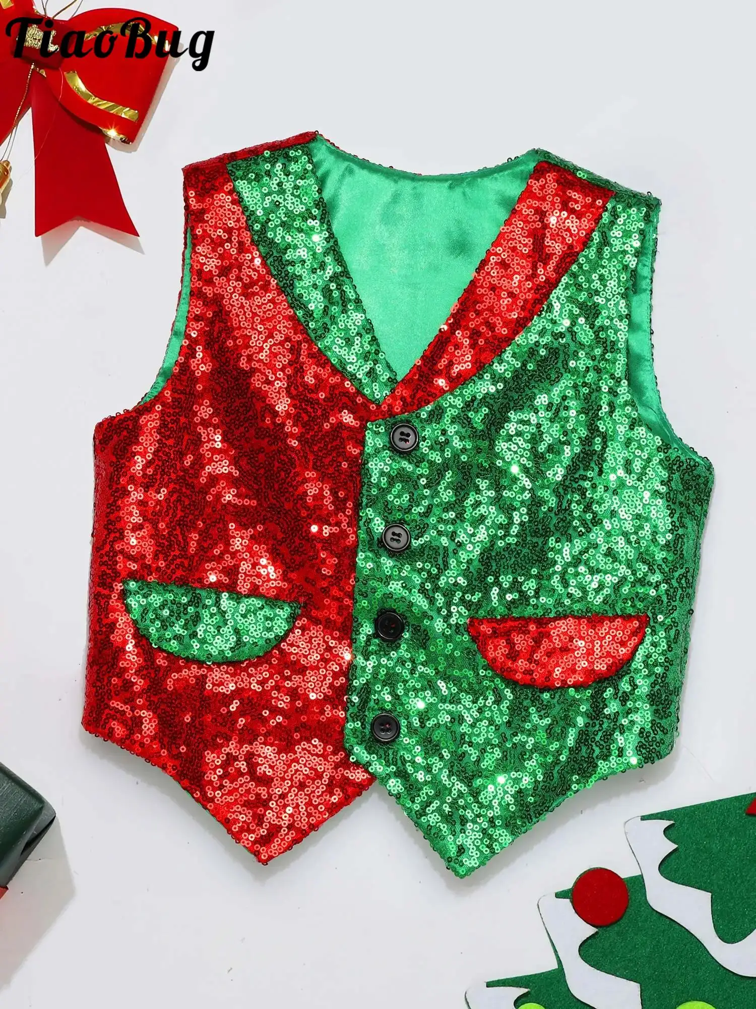 

Boys Christmas Clothes Waistcoat Shiny Sequin Magic Circus Choir Stage Performance Costume Disco Jazz Dance Vest Xmas Party Tops