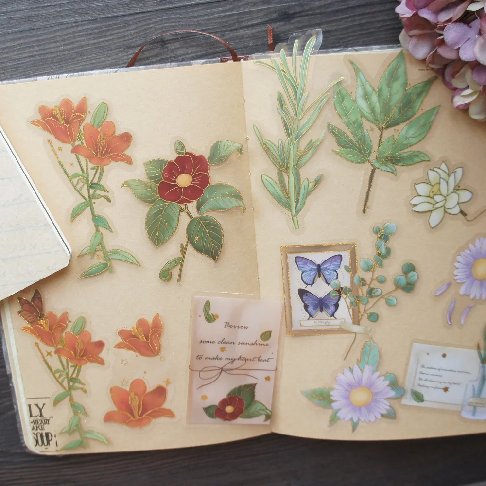 15pcs Big Size Gold Red Flower Blue Butterfly Brown Plant Style PVC Sticker Scrapbooking DIY Gift Decoration Tag