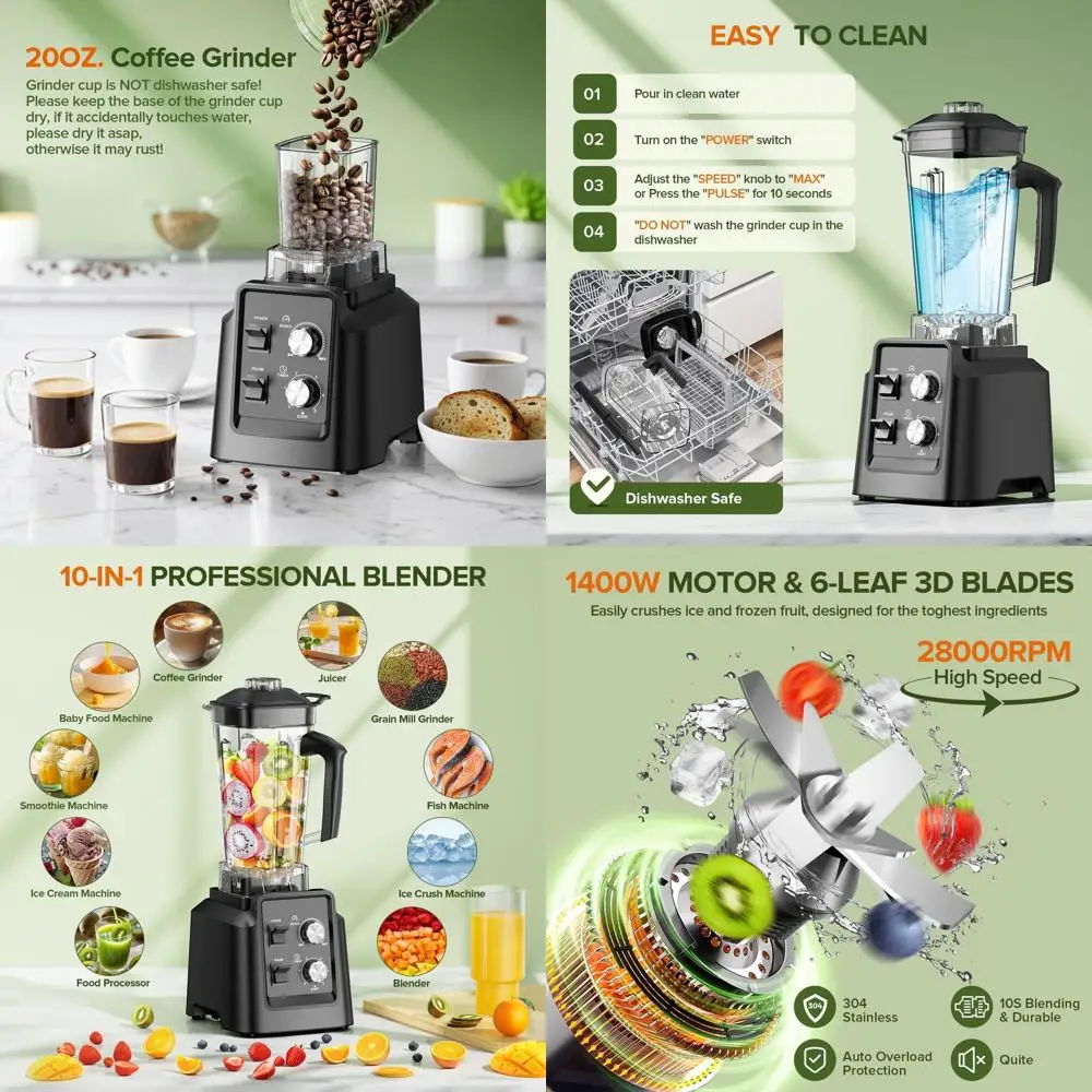 

Высокоскоростной блендер 68 унций с измельчителем 20 унций, 28000 об/мин, для смузи, измельчения льда, замороженных фруктов, самоочистка, регулируемая скорость