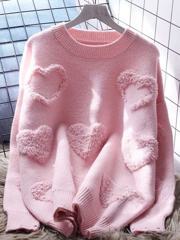 Lazy Style Pullovers Long Sleeve Solid Color Heart Flocking Autumn Winter Sweaters Loose Design All Match Women Clothing 2024