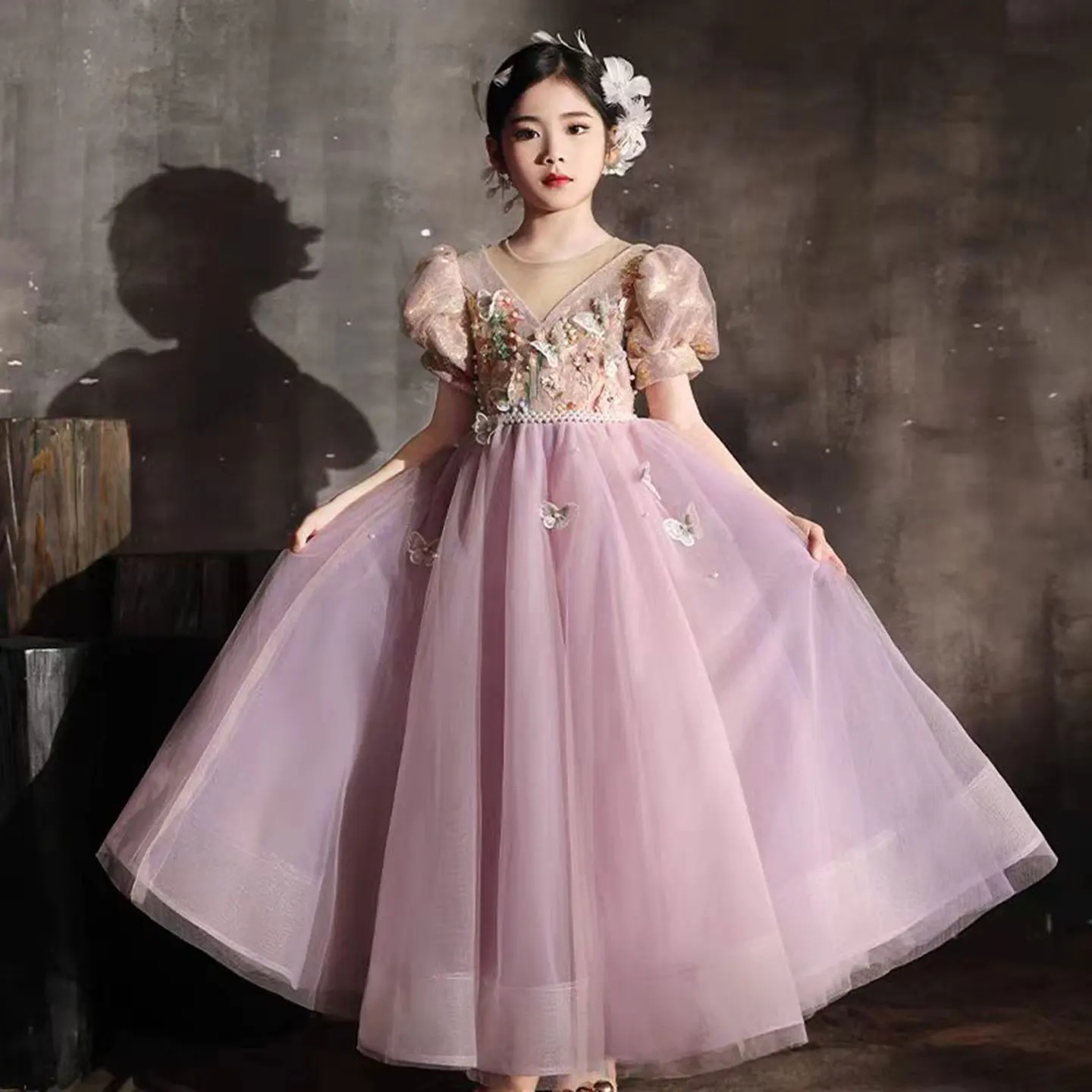 

Jill Wish Elegant Lilac Crystal A-Line Girl Dress Puffy Sleeve Arab Kids Princess Wedding Birthday Party Holiday Gown J338