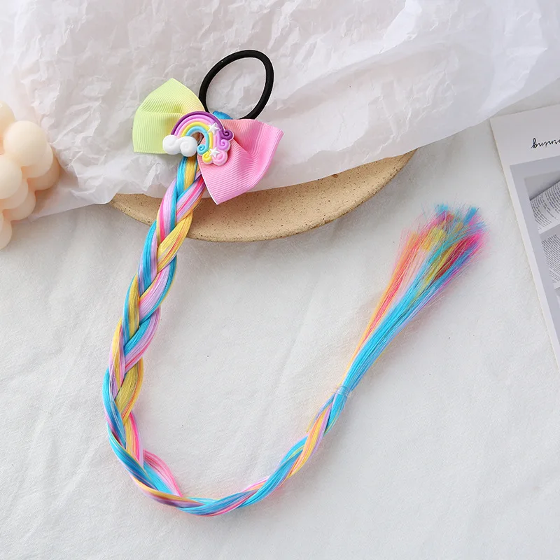 Cute Wigs Ponytail for Kids Girl Candy Color Cartoon Unicorn Butterfly Bow Ponytail Hair Ornament  Rubber Bands Headwear Braid