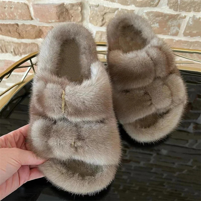 Summer Slippers Women Flat Luxury Outdoor Real Fur Flip Flops Female Sandals Trend Brand Design Slides Shoes Woman\'s Mink Shoes