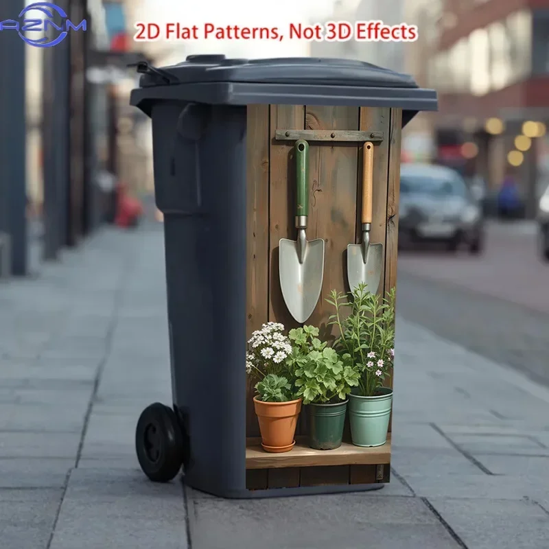2D 1PC[] / X  Inches/Trash Can Sticker, Flower Shovel Potted Wood Wall Art, Themed Design. This Matte Surface Sticker Is S