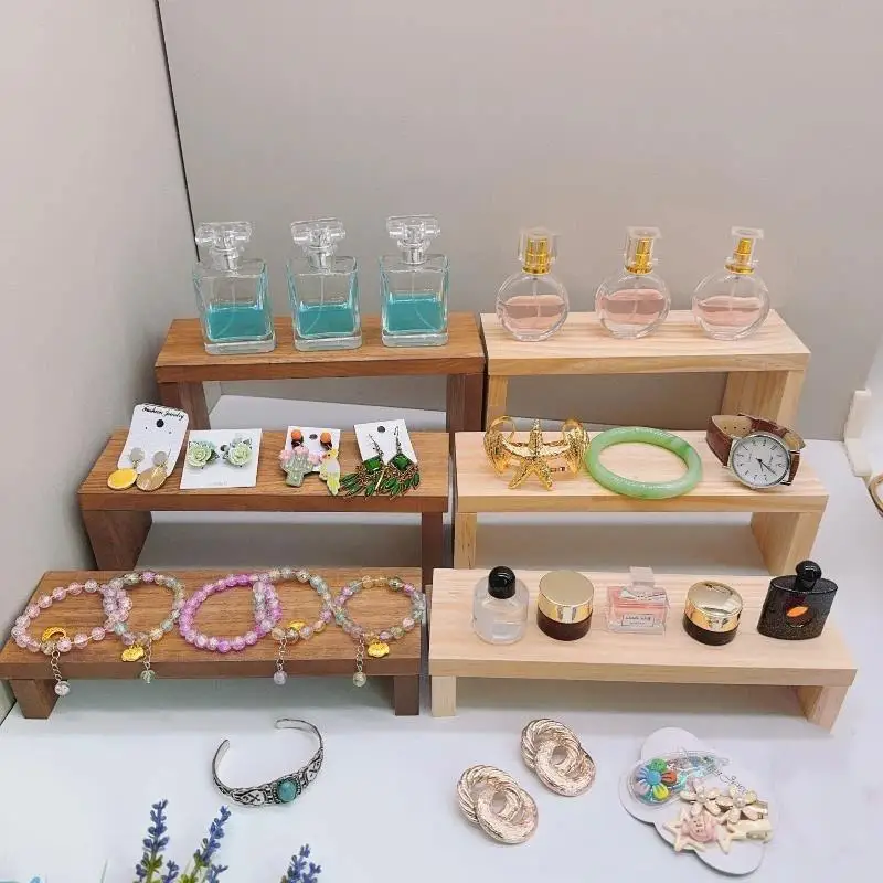 Rectangle Wood Jewelry Display Risers, Wood Shelf Showcase Fixtures Detachable Display Stand For Crafts