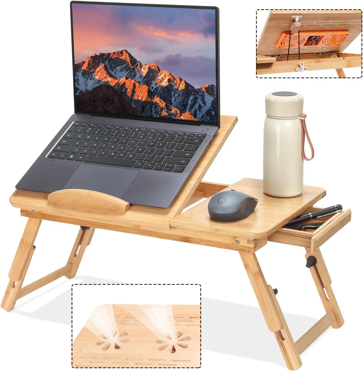 

Adjustable Bamboo Laptop Desk with Cooling Fan, Foldable Bed Tray for Breakfast, Writing, and Drawing