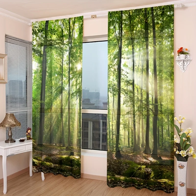 Realistic Forest Nature Curtain Sunlight Woodland Window Drapery Photo Art Sheer Curtains Room Decor Sunbeams Greenery Photograp