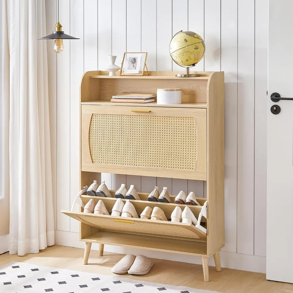 

rattan shoe storage cabinet, cabinet storage for entryway, shoe organizer with 2 flip drawers, narrow shoe cabinet with ad