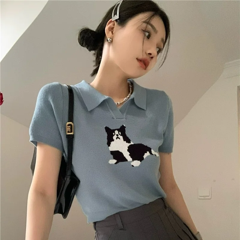 

Summer New Korean Polo-Neck Jacquard Top Tee Women Clothing Short Sleeve Knitting T-Shirts Simplicity All-match Cartoon Tshirt