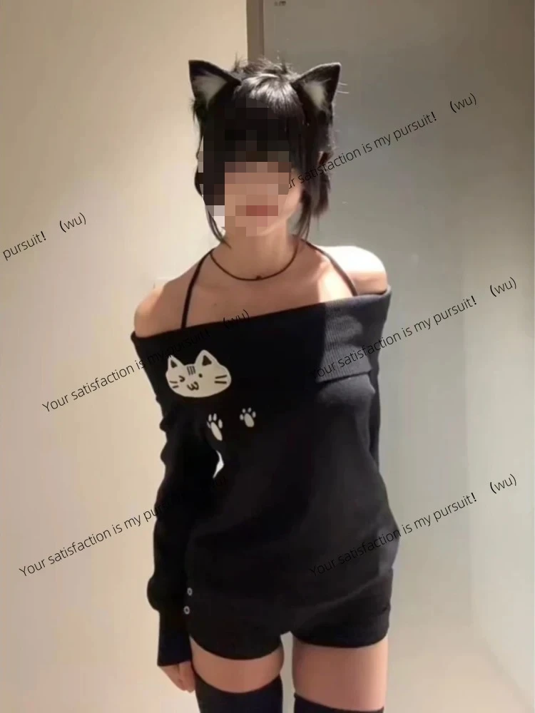 

ZOCI-Женская футболка с открытыми плечами, свободный мягкий топ для студентов Kawaii Y2k, кошачий принт и подвес на шею.