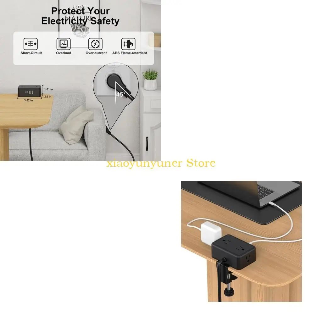P9JB Adjustable Desk Clamp Power Strips 4AC Outlets 2 USB A 2 USB C Port 20W Fast Charging Long Cable Overloads Protections