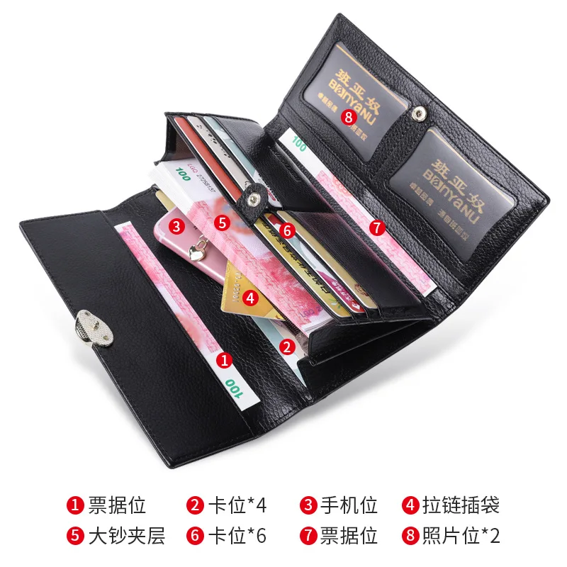 Western Lychee grain Cowhide Leather Long Women Wallet Leaves Hasp Large Capacity Phone Bag Coin Purse for Ladies