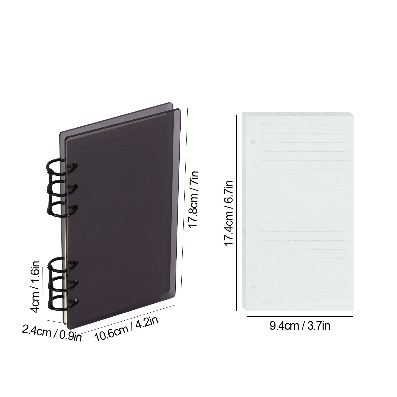 caderno-a6-preto-simples-com-folhas-soltas-e-anel-duplo-de-metal-360-°-capa-acrilica-preta-com-6-furos-destacaveis-e-45-paginas-internas