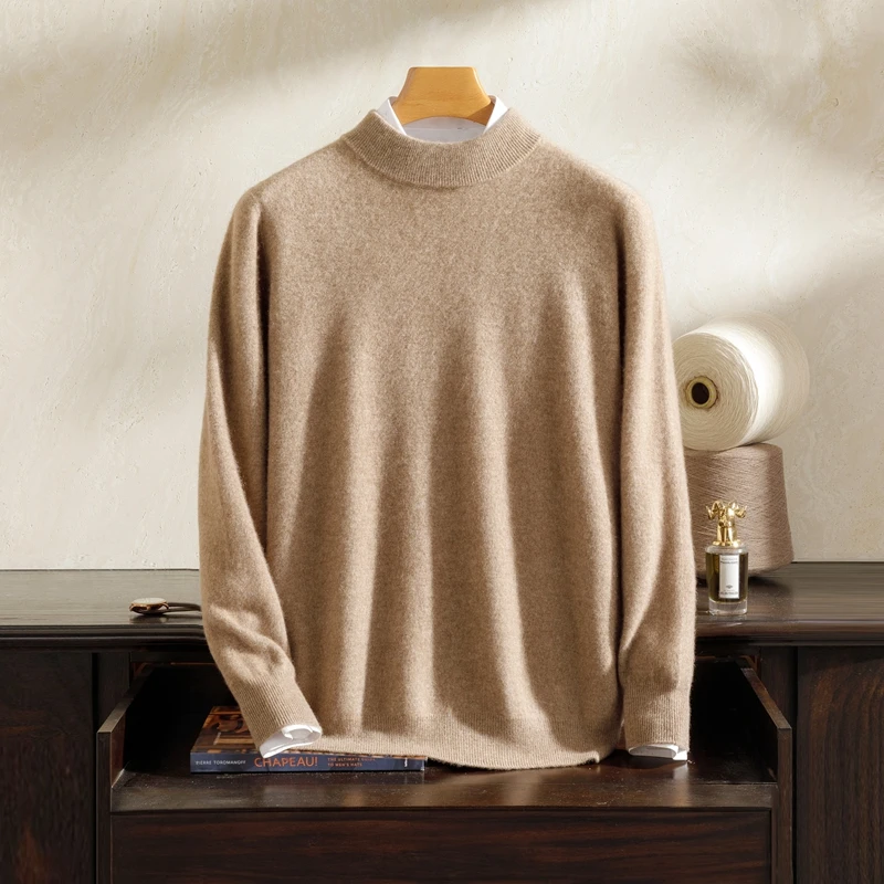

Men's 100% pure cashmere sweater casual solid thick pullover loose Blouse semi high neck Tops warm base Jumper autumn/winter