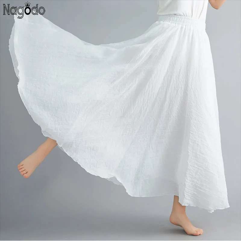 

Summer Cotton and Linen Women‘s Skirt A Line Pleated Elastic Waist Midi Skirt Double Layer Solid Thin Loose White Black Skirts