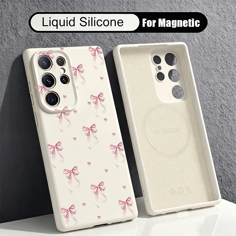 Liquid Silicone Magnetic Phone Case For Samsung Galaxy S26 S25 S24 Ultra Plus S23 S22 Ultra For Magsafe Pink Bowknot Print Cover