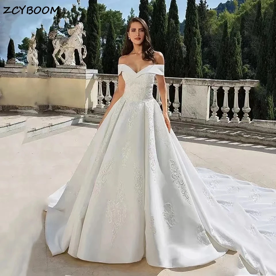 

Elegant V-Neck Wedding Dresses Appliques Lace Off The Shoulder Bride Gowns For Women 2024 New Arrival Satin Vestidos de novia