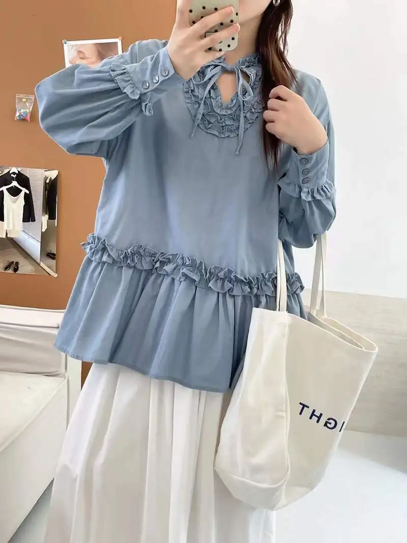 New 2025 Autumn Cotton Long Sleeve Shirt, Women Stand Ruffles Lace-up, Mori Girl French Retro Sweet Loose Doll Blouse T59946CC