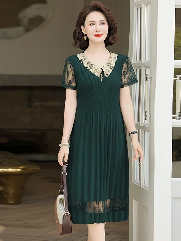 

2025 New Faion Mom Summer Dr Pleated Chiffon ort Sve Women's Mid-Aged And ly Sli Ele Lady Skirt