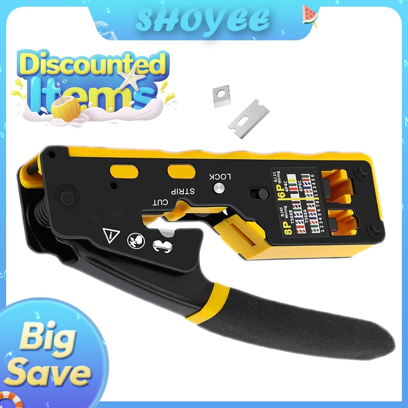 RJ45 Crimp Tool Kit Pass Through Cat6 Crimping Tool For Cat5 Cat5e Cat6 8P8C Connector, All-in-one Ethernet Crimper