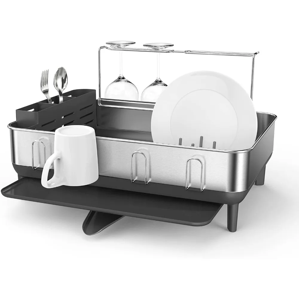 

Kitchen Dish Drying Rack with Swivel Spout, Fingerprint-Proof Stainless Steel Frame, Grey Plastic