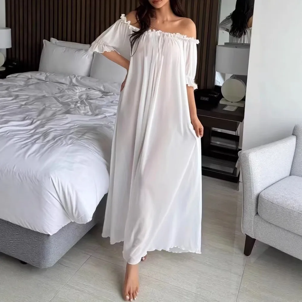 Elegant Off Shoulder Sheer Nightgown V-neck Short Sleeve Mesh Nightdress Transparent Ruffle Long Sleeping Dress Lounge