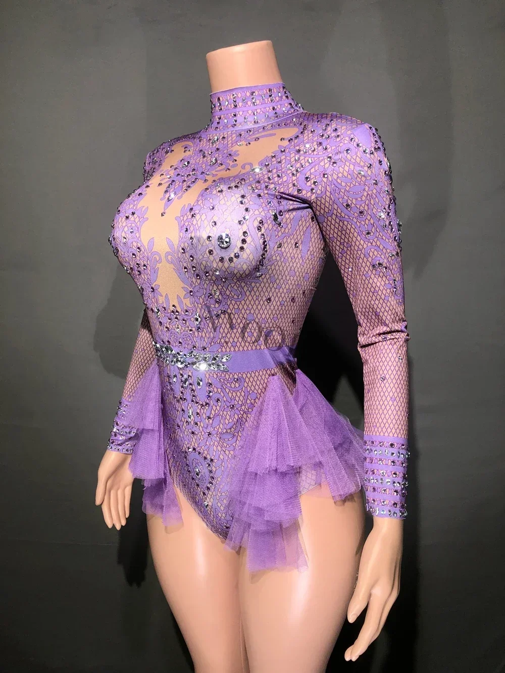 

Sparkly Rhinestones Leotard for Women Party Birthday Dress Sexy Mesh Ruffles Performance Dance Costume Nightclub Stage Wear